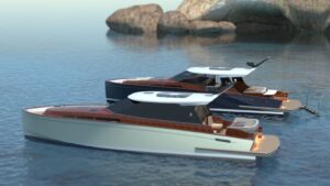 P50 Coupé | Render on water with P50 Sport in background | Spirit Yachts